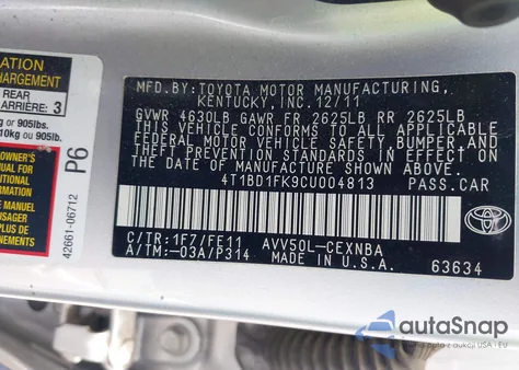 2012 Toyota Camry Hybrid Le from USA, damaged, VIN 4T1BD1FK9CU004813